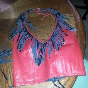 Red Leather Fringe Halter  Top And Mini Skirt